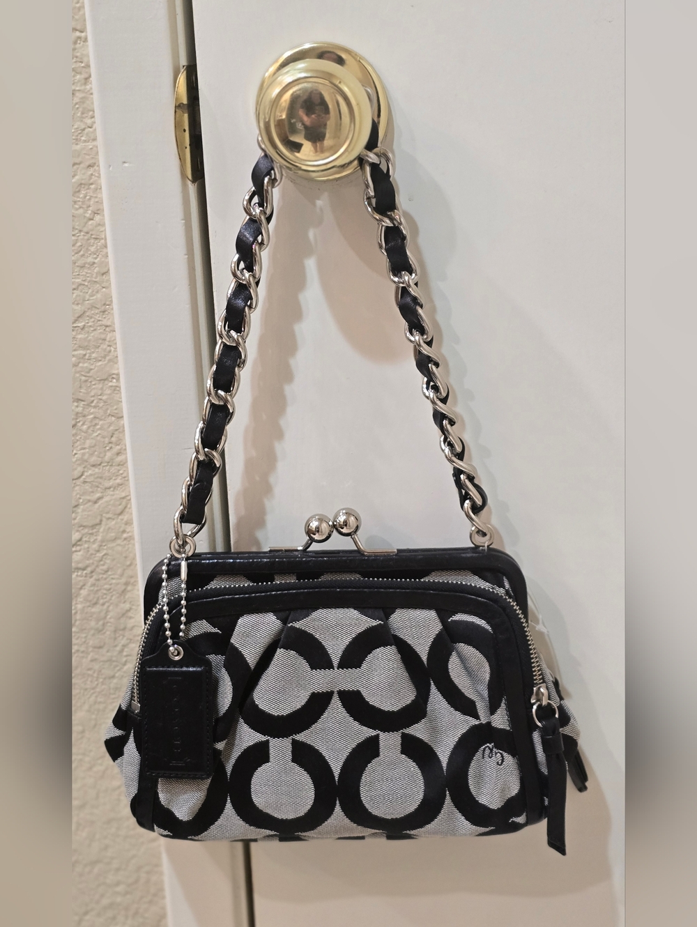 Coach Black and Gray Signature Chain-Detail Shoulder Bag